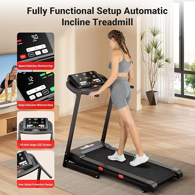 THERUN Incline Treadmill for Running and Walking, 300 lbs Weight Capacity, Wide Belt, 3.0 HP, 18" LED Screen, 2 Layers Shock-Absorbing