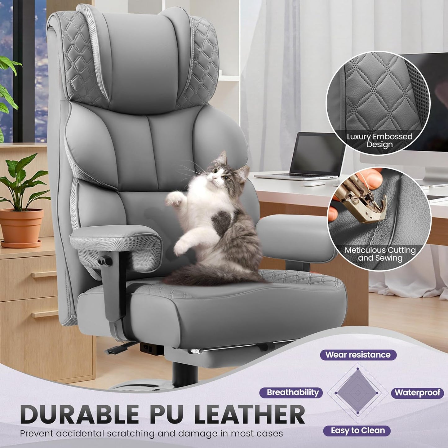 Office Desk Chair, Big and Tall Leather Gaming Chair with Footrest, Wide Ergonomic Comfy Executive High-Back Reclining Computer Chairs, Swivel Rolling Wheels and Padded Lumbar Support, Gray