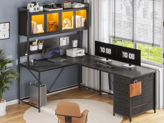 SEDETA L Shaped Gaming Desk with Drawers, L Shaped Computer Desk with Hutch and Storage Shelves, Gaming Desk with Pegboard, Led Lights, and Power Outlet, Home Office Desk, Corner Desk, Black